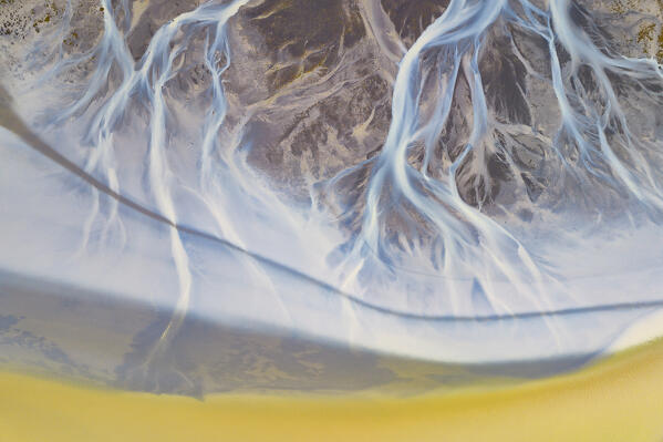 aerial abstract view, taken by drone, of icelandic coloured surface during an autumn day, Iceland, Europe
