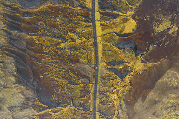 aerial abstract view, taken by drone, of icelandic coloured surface during an autumn day, Iceland, Europe