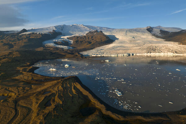 aerial autumn drone view of Fjallsarloon lagoon along the south coast of Iceland, Europe