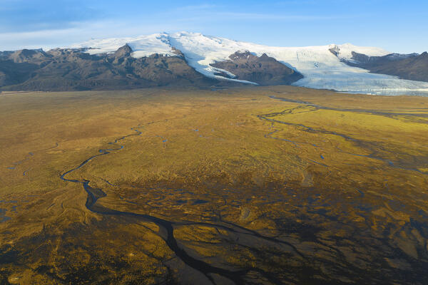 aerial autumn drone view of glacial moraines along the south coast of Iceland, Europe
