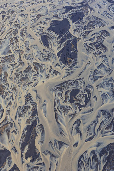 aerial abstract view taken by drone of icelandic river during a summer day, Southern Iceland, Europe