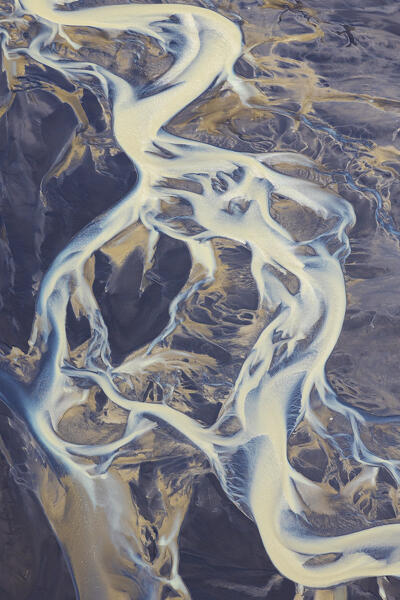 aerial abstract view taken by drone of icelandic river during a summer day, Southern Iceland, Europe