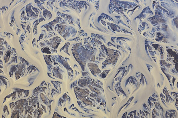 aerial abstract view taken by drone of icelandic river during a summer day, Southern Iceland, Europe