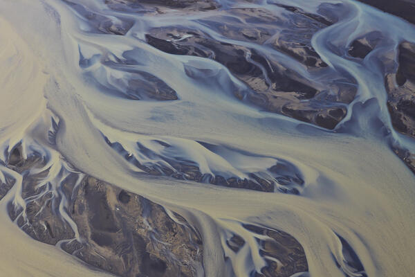 aerial abstract view taken by drone of icelandic river during a summer day, Southern Iceland, Europe