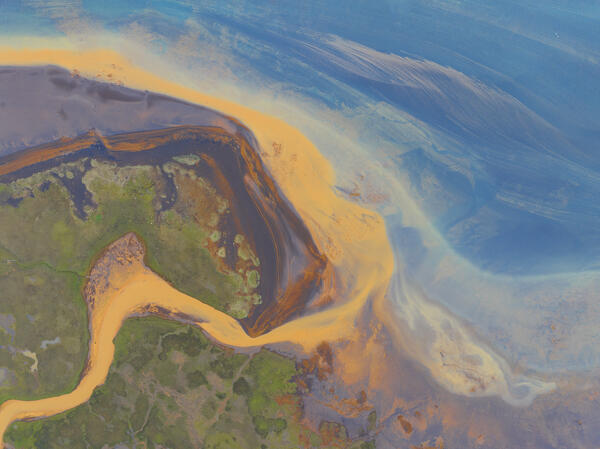 aerial abstract view taken by drone of icelandic river during a summer day, Southern Iceland, Europe