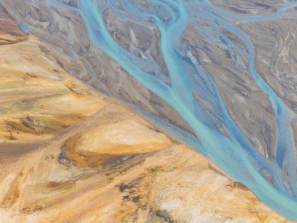 aerial abstract view taken by drone of icelandic river during a summer day, Southern Iceland, Europe