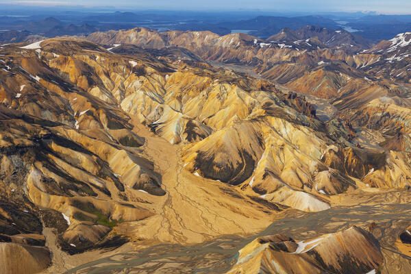 aerial view taken by drone of natural texture in Landmannaugar area during a summer day, Iceland, Europe