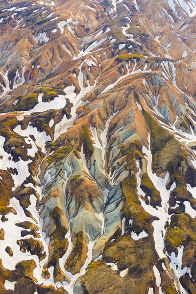 aerial view taken by drone of natural texture in Landmannaugar area during a summer day, Iceland, Europe