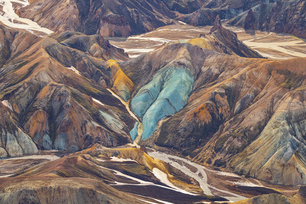 aerial view taken by drone of natural texture in Landmannaugar area during a summer day, Iceland, Europe