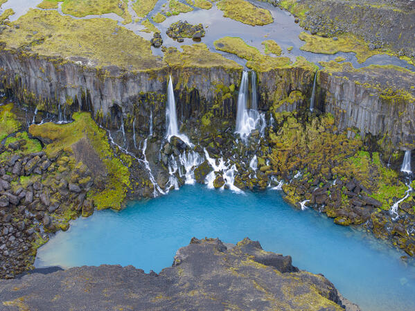 aerial view taken by drone of Sigöldugljúfur canyon near to Landmannalaugar park, Iceland, Europe