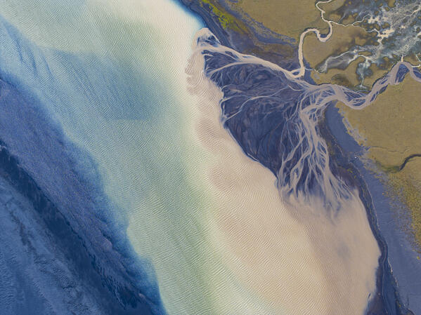 aerial abstract view of the river in the summer day along the icleandic southern coast, Iceland, Europe