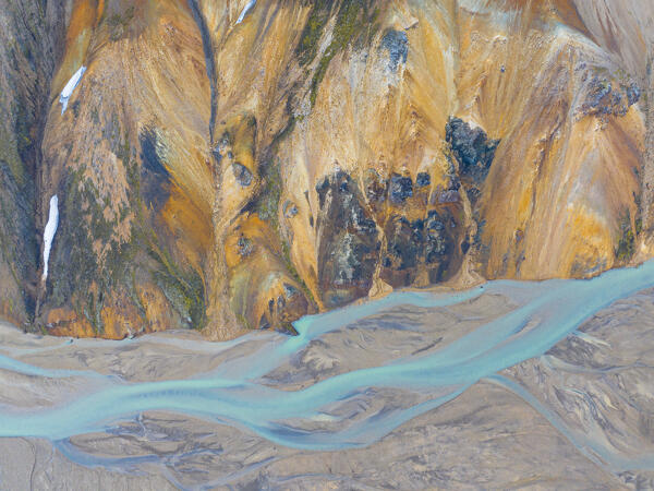 aerial view taken by drone of natural texture in Landmannaugar area during a summer day, Iceland, Europe