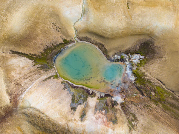 aerial view taken by drone of natural texture in Landmannaugar area during a summer day, Iceland, Europe