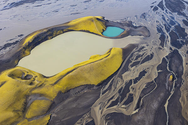 aerial view shooted by airplane of incredible torquoise volcanic Skafta lake in icelandic highlands, Iceland, Europe