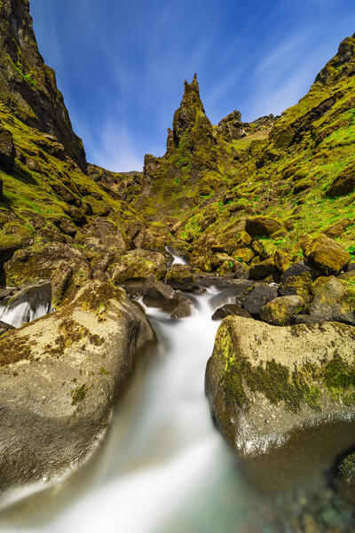 a long exposure to capture the beautiful landscape at Thakgil canyon during a summer sunny day, Iceland, Europe