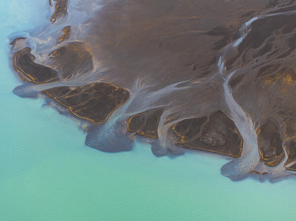 aerial abstract view of the river in the summer day along the icleandic southern coast, Iceland, Europe