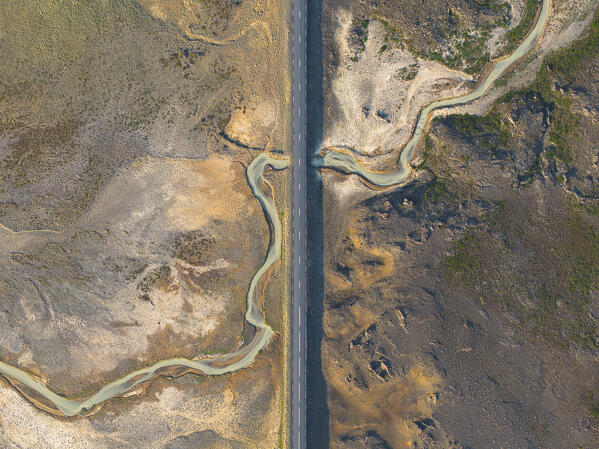 aerial vertical view of the road near to Myvatn lake during a summer day, Iceland, Europe