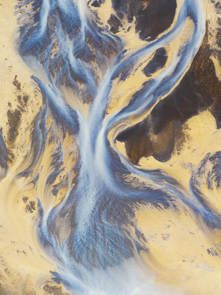aerial abstract view of the river in the summer day along the icleandic southern coast, Iceland, Europe