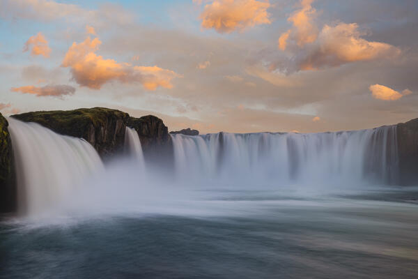 the beautiful Godafoss waterfall during a summer sunset, Iceland, Europe