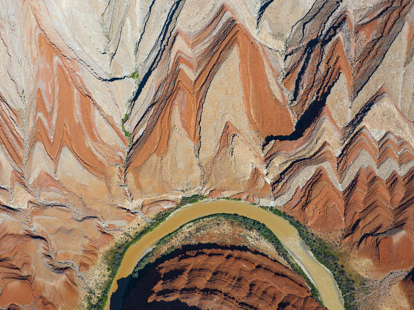 aerial abstract view taken by drone of particular rocks formation during a sunny summer day, Utah, United States of America