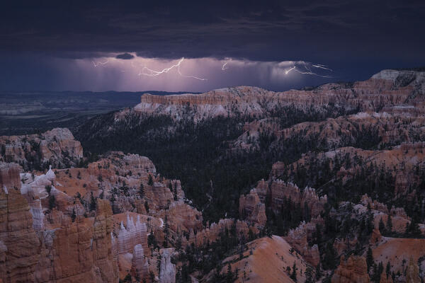 A majestic lightning storm during a summer sunset at Bryce Canyon National Park, Utah, United States of America
