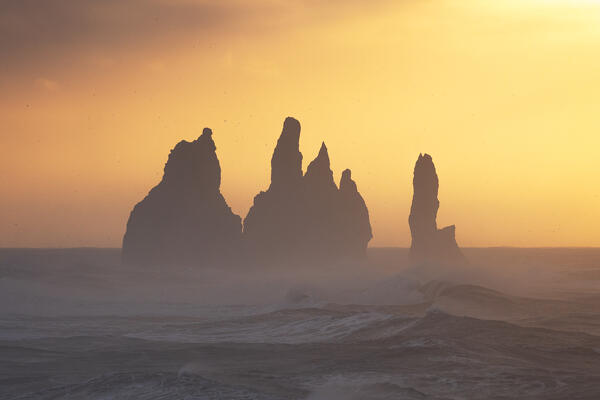 the warm light of a winter dawn envelops the famous stacks of Vik i Myrdal, giving an incredible emotion to the photographer, Iceland, Europe