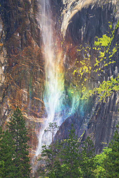 a rainbow waterfall  in Yosemite National Park, California, United States of America