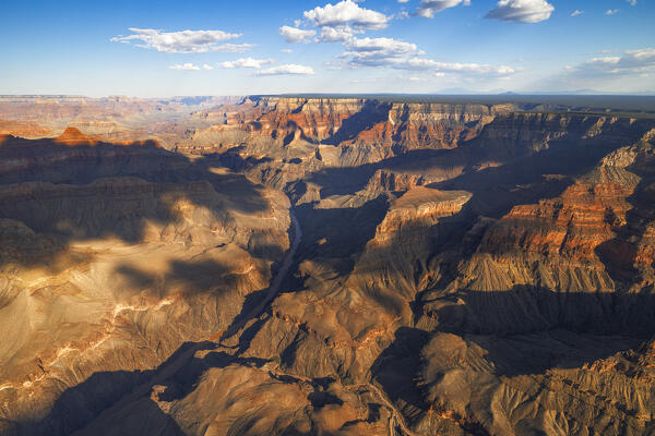 Aerial view taken from a helicopter of the majestic Grand Canyon on a beautiful summer day,  Grand Canyon National Park, Arizona, United States of America