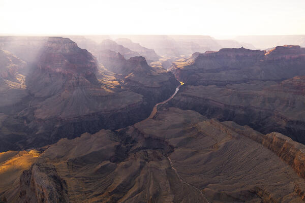 Aerial view taken from a helicopter of the majestic Grand Canyon on a beautiful summer day,  Grand Canyon National Park, Arizona, United States of America