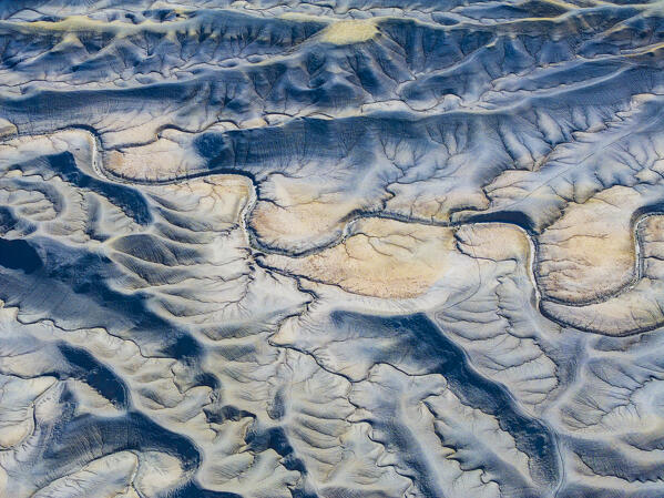 aerial view taken by drone of the beautiful desert area of Overlook Moon during a summer day, Hanksville, Utah, United States of America