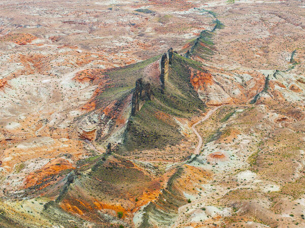 aerial view of the beautiful rock formation close to Temple of the Sun on the Capitol Reef National Park during a sunny summer day, Utah, United States of America