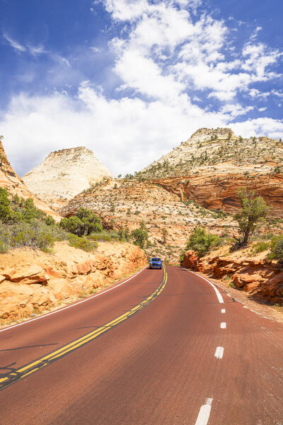 a car drive along the scenis road on the Zion National Park during a sunny summer day, Utah, United States of America