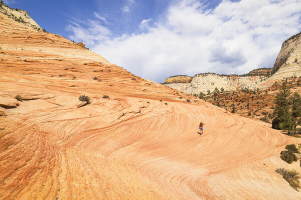 a girl enjoy the beautiful view on the Zion National Park during a sunny summer day, Utah, United States of America
