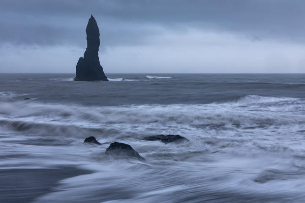 Rocks, waves and black Sand Beach, Vik I Myrdal, Sudurland, south Iceland, Iceland, Europe.