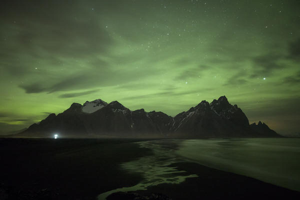 Northen Lights over Vestrahorn mountain, Stokksnes, Eastern Iceland, Europe