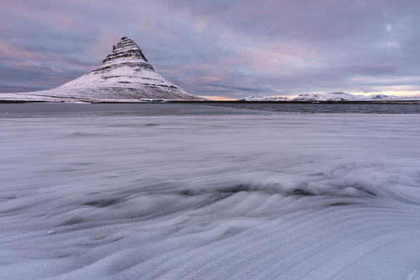 winter sunset at Kirkjufell mountains, Vesturland, Western Iceland, Europe