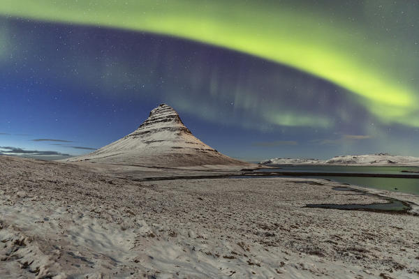 Northen Lights over Kirkjufell mountains, Vesturland, Western Iceland, Europe