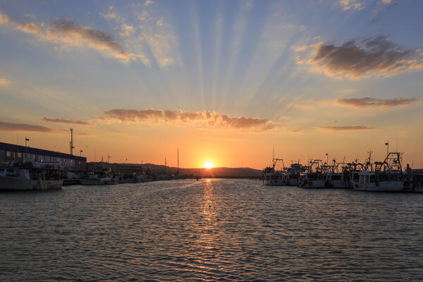 Fano harbor at sunset , Pesaro, Marche, Italy, Southern Europe