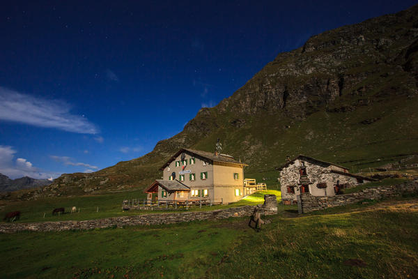 Spluga valley, Chiavenna hutte by night, Lombardy, Italy
