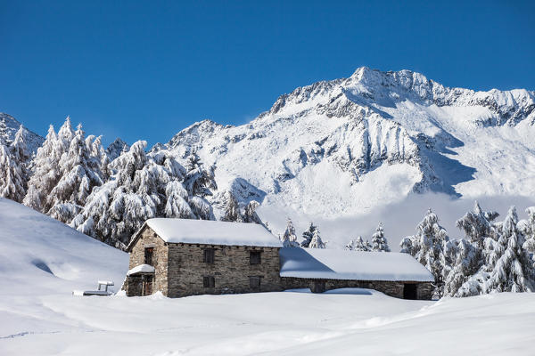 Valtellina, Chalet at Granda alp, in the background Desenigo peak, Retiche alps, Lombardy, Italy