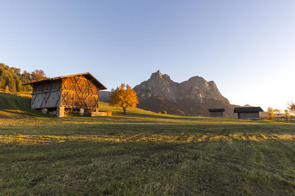 Wooden huts with Punta Santner and Sciliar on background, Castelrotto, Seiser Alm, Bolzano province, South Tyrol, Italy
