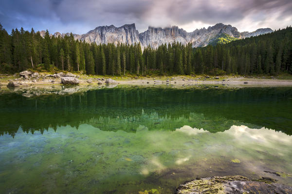 Latemar at sunset reflected into Karersee, Nova Levante, Val D'Ega, Bozen, Trentino Alto Adige, Italy, Western Europe