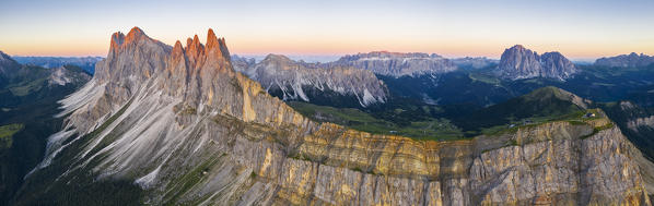 Aerial and panoramic view of Seceda and Catinaccio, Gran Vernel, Marmolada, Cima Uomo, Sasso Lungo, Sasso Piatto, Gruppo delle Odle, Dolomiti di Gardena, Bolzano, Trentino Alto Adige, Italy, Southern Europe