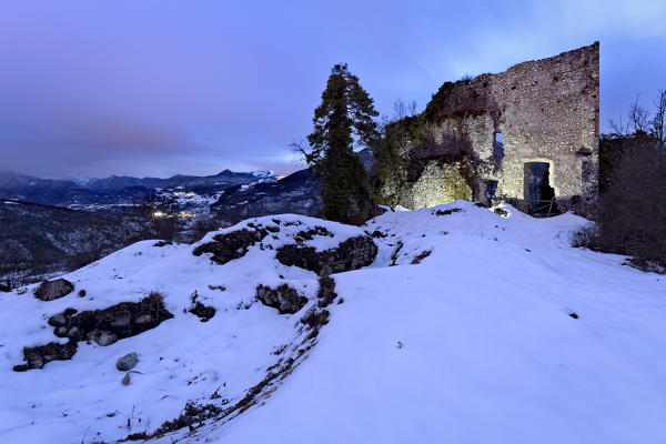 Winter night at the Gresta castle. Gresta Valley, Trento province, Trentino Alto-Adige, Italy, Europe.