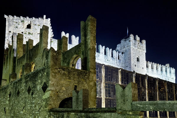 Towers and walls of the Scaligero castle in Torri del Benaco. Verona province, Veneto, Italy, Europe.