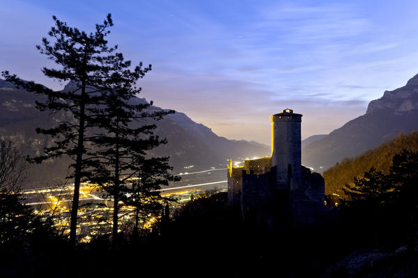 Night falls at the castle of Avio. Trento province, Trentino Alto-Adige, Italy, Europe.