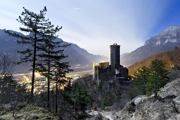 The castle of Avio in the moonlight. Trento province, Trentino Alto-Adige, Italy, Europe.