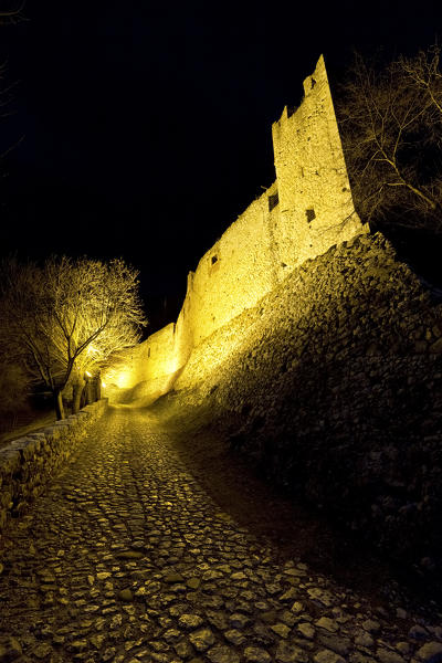 The imposing walls of the castle of Avio. Trento province, Trentino Alto-Adige, Italy, Europe.