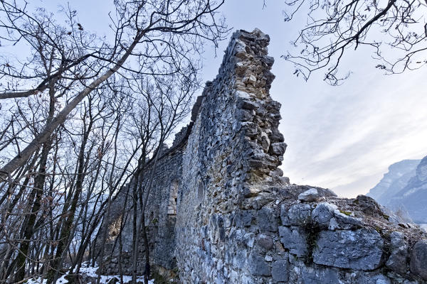 The ruins of the ancient Sajori castle in the Brentonico plateau. Trento province, Trentino Alto-Adige, Italy, Europe.