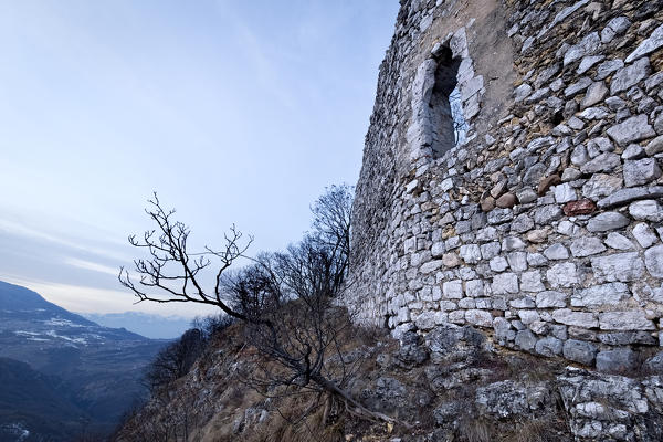 Wall with loophole of the ancient Sajori castle in the Brentonico plateau. Trento province, Trentino Alto-Adige, Italy, Europe.